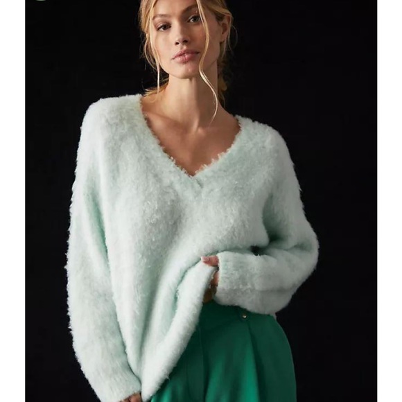 Anthropologie Maeve Plush V-Neck Sweater Merino Wool Fur - Picture 2 of 5